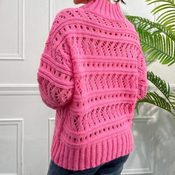 Open Knit High Neck Drop Shoulder Sweater - Picture 5 of 6